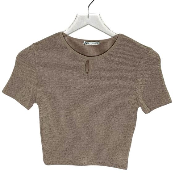 Zara S Taupe Keyhole Textured Crop Top Stretch Short Sleeve Knit - Picture 1 of 7